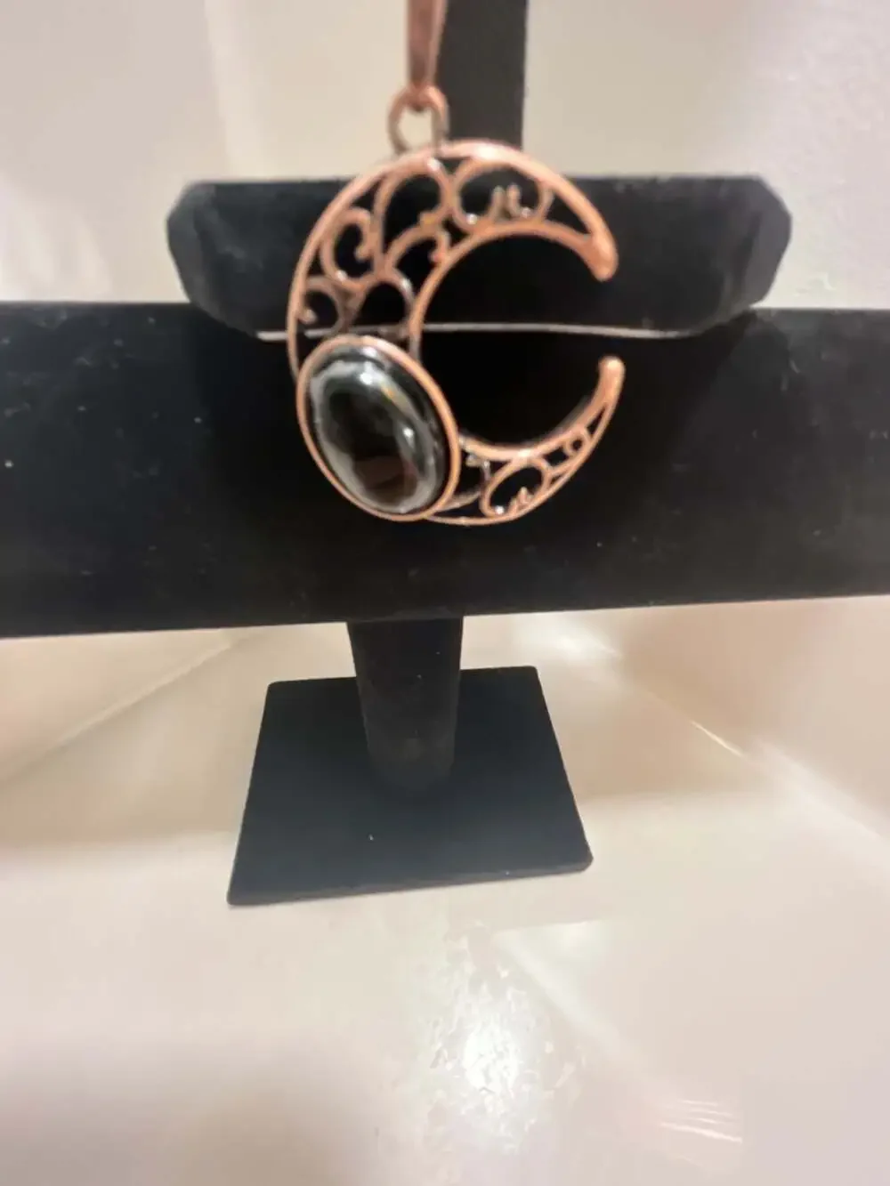 Vintage Hollow Crescent Moon Pendant with Black Stone on Black Cord